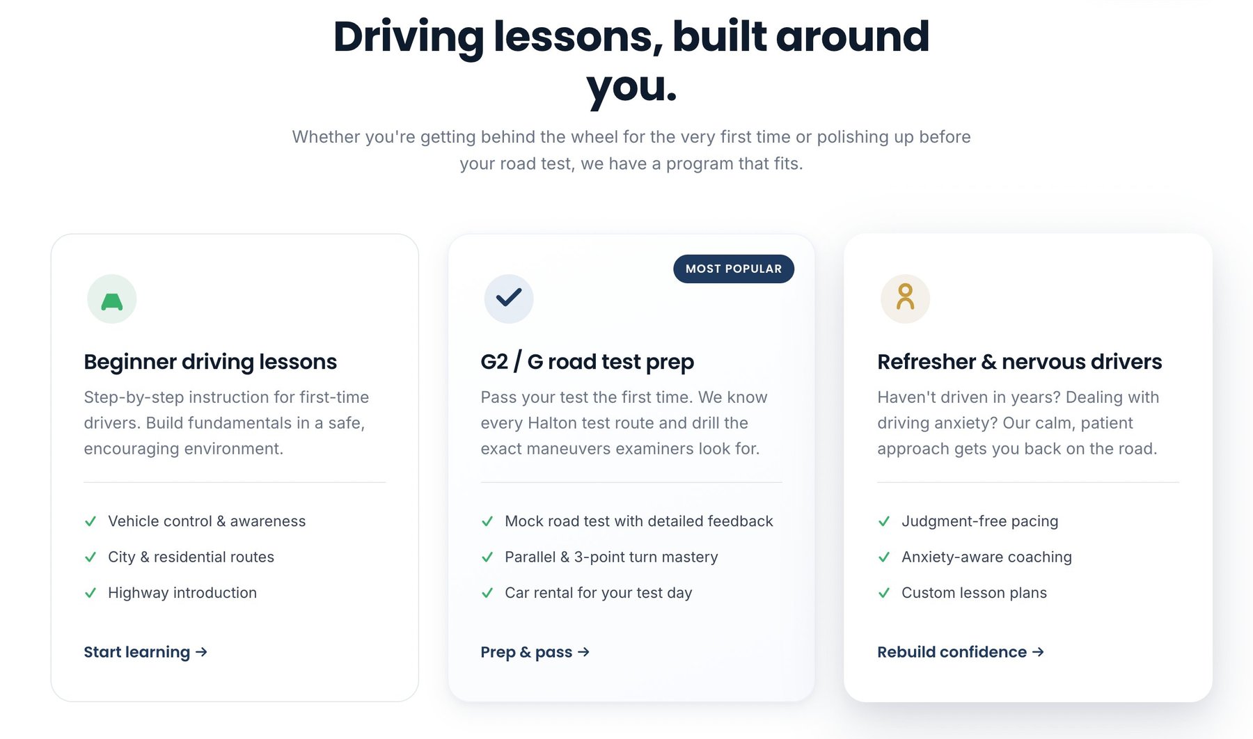 Let's Drive Halton services section showing Beginner, G2 Road Test Prep, and Refresher cards