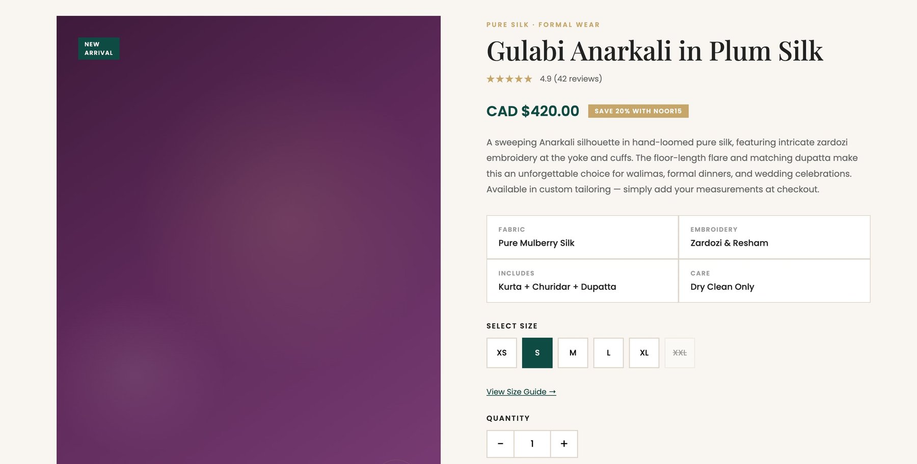 Noor Atelier product page for Gulabi Anarkali